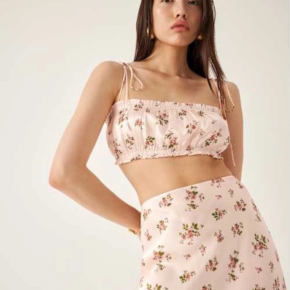Reformation Pink Floral Crop Top 100%silk